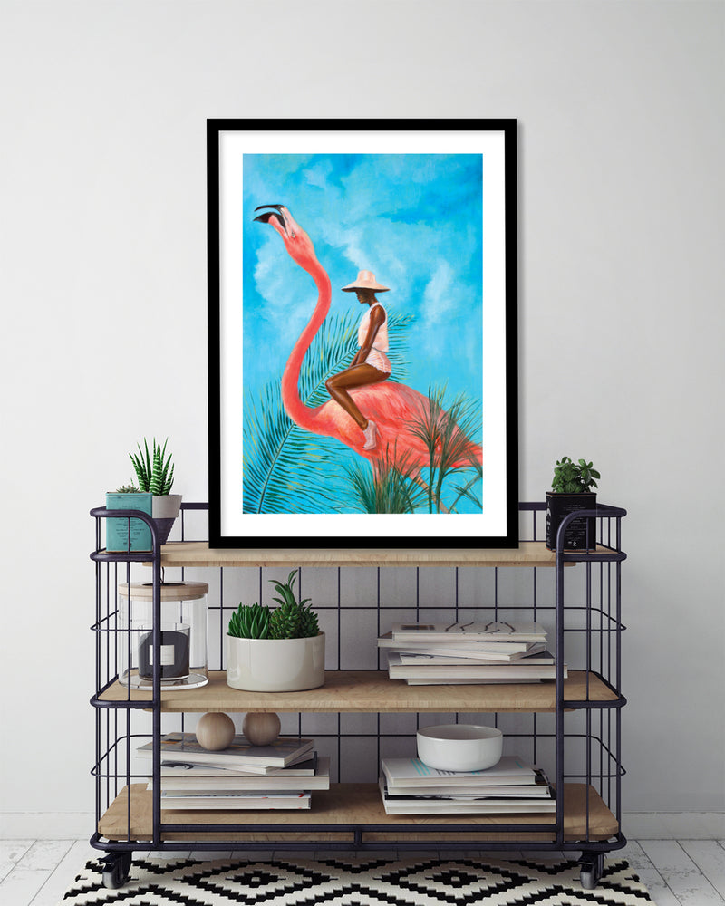 Marriage at the Plastic Garden by Alexander Grahovsky - Girl Riding Flamingo - Popular Modern Art by The Good Poster Company