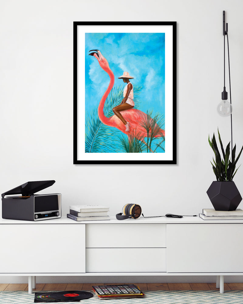 Marriage at the Plastic Garden by Alexander Grahovsky - Girl Riding Flamingo - Popular Modern Art by The Good Poster Company