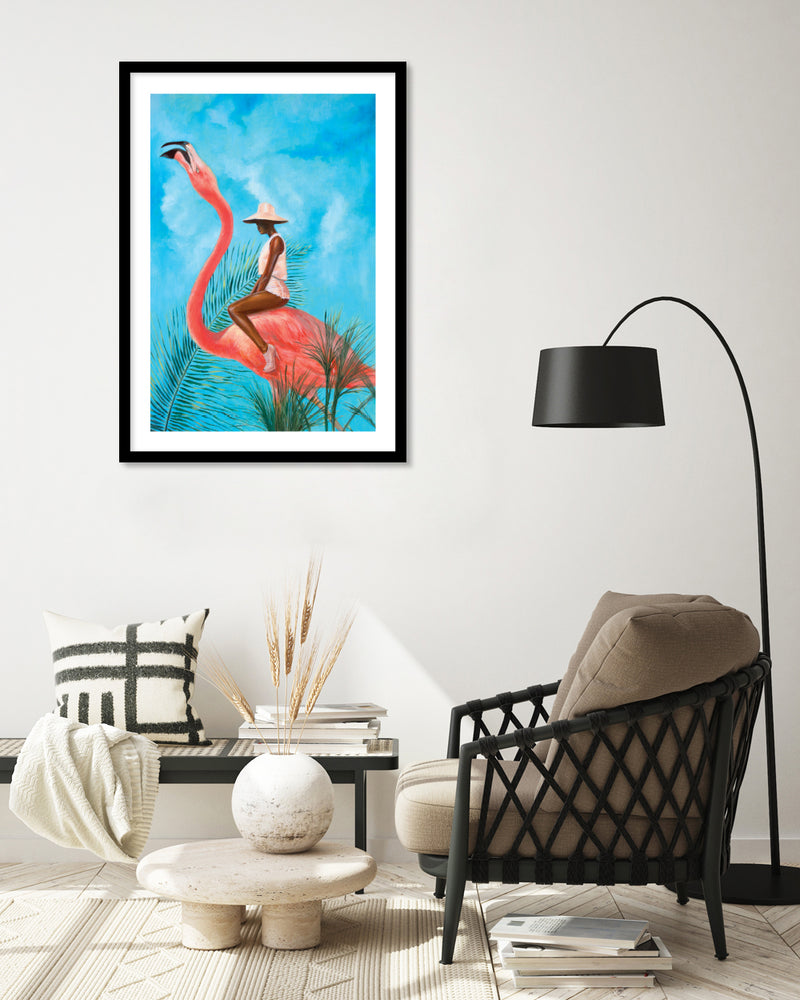 Marriage at the Plastic Garden by Alexander Grahovsky - Girl Riding Flamingo - Popular Modern Art by The Good Poster Company