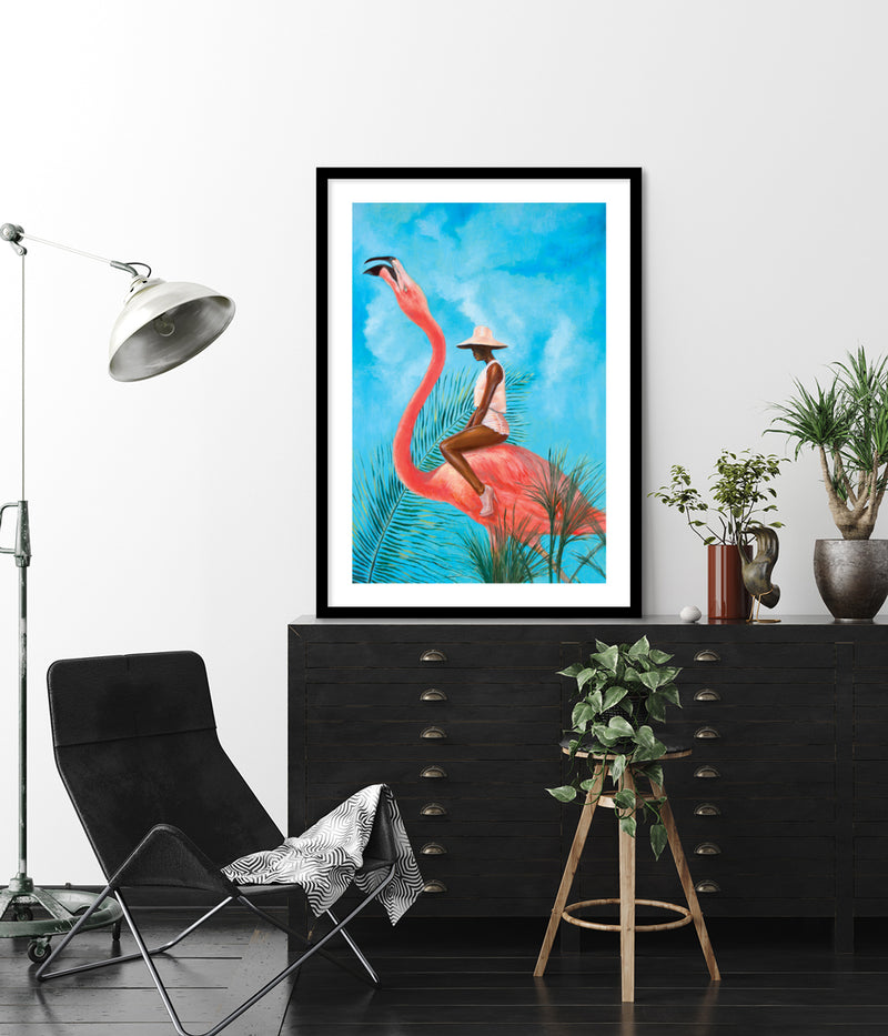 Marriage at the Plastic Garden by Alexander Grahovsky - Girl Riding Flamingo - Popular Modern Art by The Good Poster Company