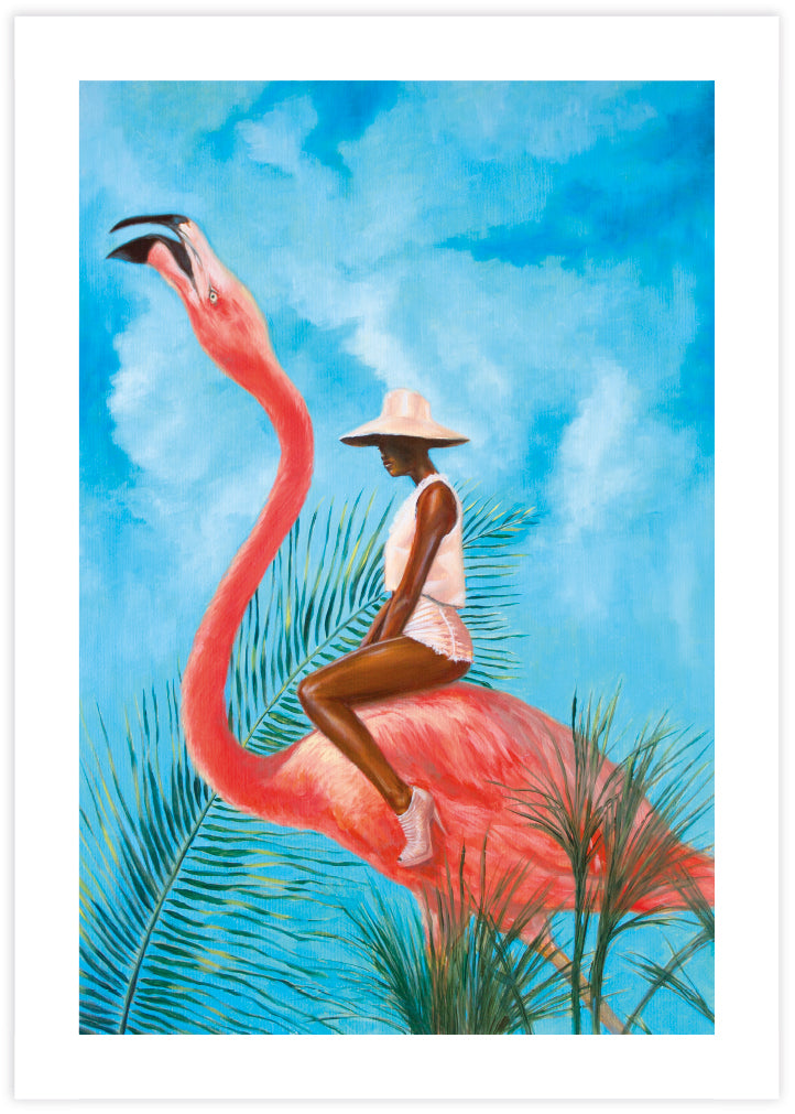 Marriage at the Plastic Garden by Alexander Grahovsky - Girl Riding Flamingo - Popular Modern Art by The Good Poster Company