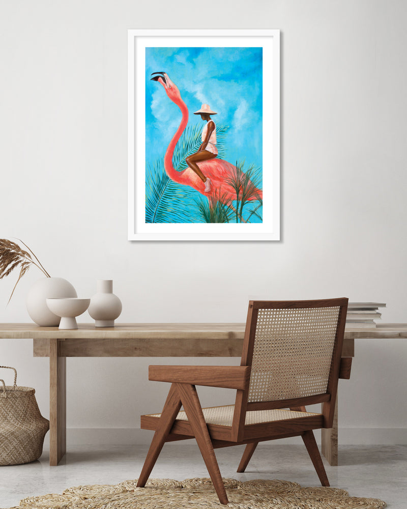 Marriage at the Plastic Garden by Alexander Grahovsky - Girl Riding Flamingo - Popular Modern Art by The Good Poster Company