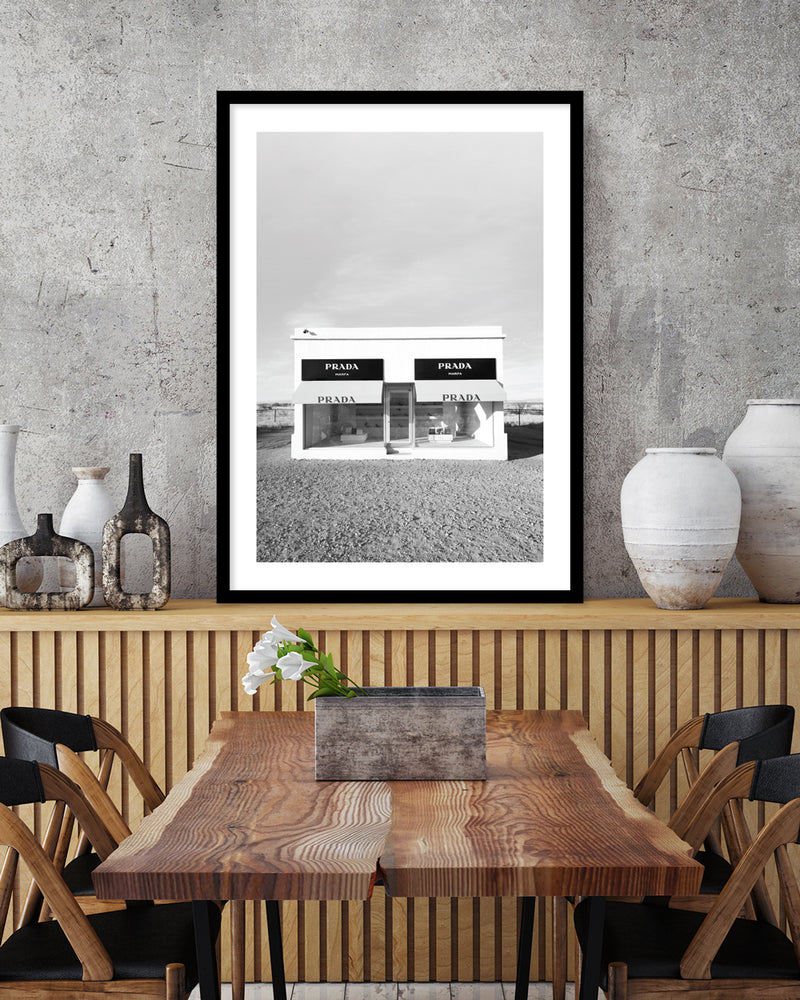 Prada Marfa Photographic Art Print | Fashion Artwork | Black and White Art | The Good Poster Company