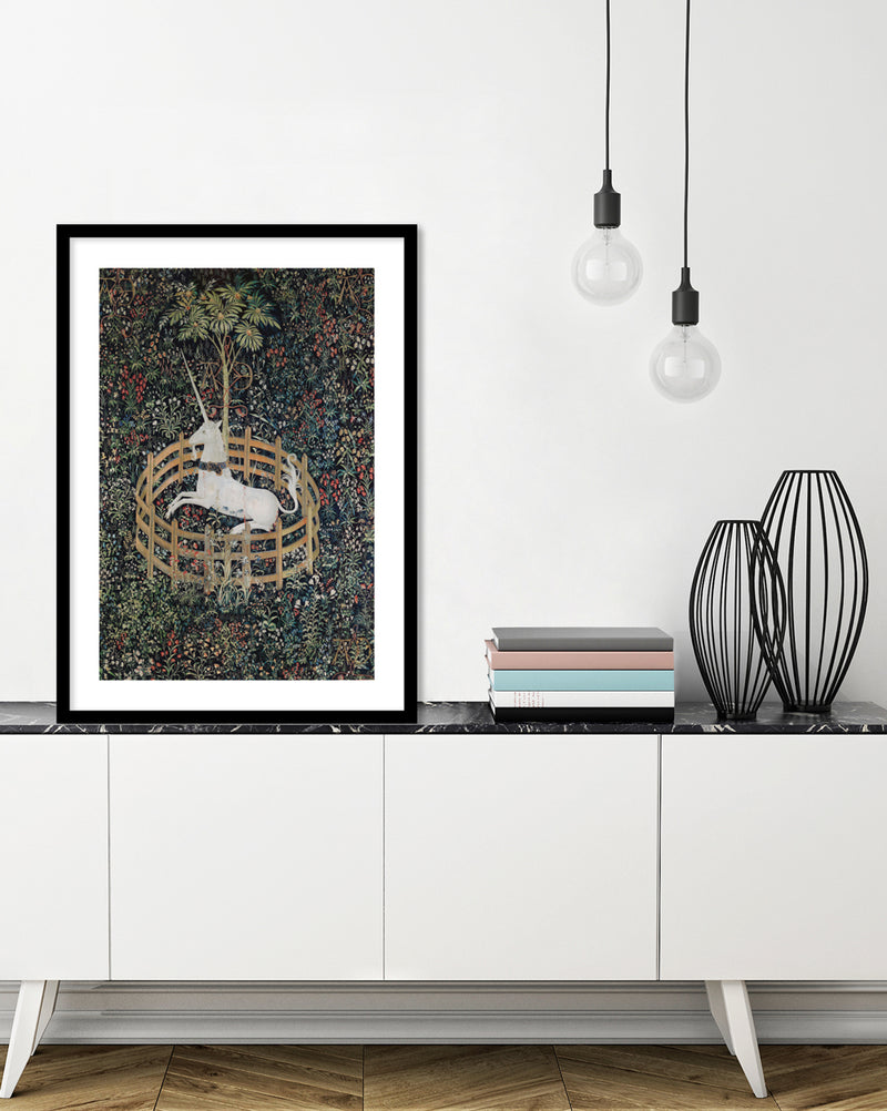 The Unicorn in Captivity Art Print - Vintage Floral Artworks by The Good Poster Company