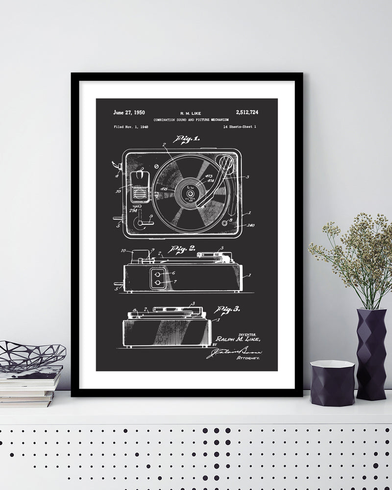 Record Player Patent Art Print | Black and White Art